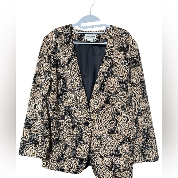 Alfred Dunner Blazer Jacket size 12 Tan/Navy Print Single Button V-Neck - Picture 2 of 5